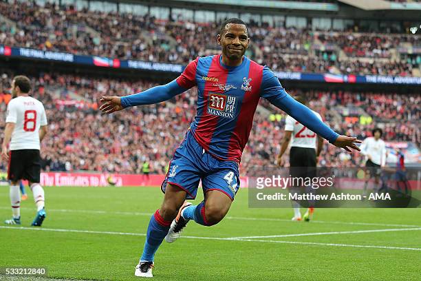 Jason Puncheon of Crystal Palace celebrates scoring a goal to make the score 1-0 during The Emirates FA Cup final match between Manchester United and...