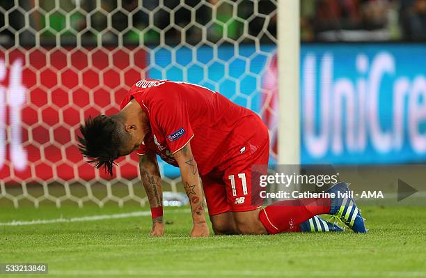 Roberto Firmino of Liverpool reacts after missing a chance during the UEFA Europa League Final match between Liverpool and Sevilla at St. Jakob-Park...
