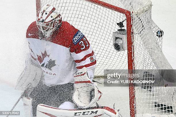 Canada's goalie Cam Talbot lets the puck into his net during the semifinal game Canada vs USA at the 2016 IIHF Ice Hockey World Championship in...