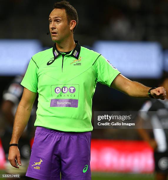 Referee Quinton Immelman during the round 13 Super Rugby match between Cell C Sharks and Southern Kings at Growthpoint Kings Park on May 21, 2016 in...