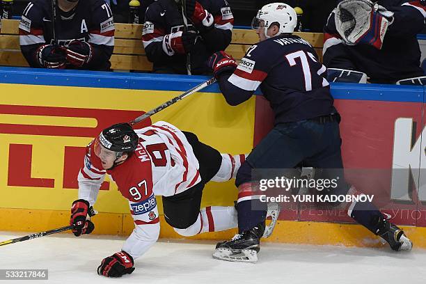Forward Frank Vatrano in action with Canada's forward Connor McDavid during the semifinal game Canada vs USA at the 2016 IIHF Ice Hockey World...