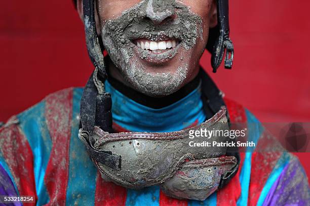 Jockey Victor Carrasco poses for a portrait after jockeying Never Stop Looking in The 2nd Running of the Old Bay Race prior to the 141st running of...