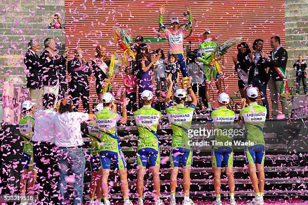 100th Giro d'Italia 2009 / Stage 21 Podium / David Arroyo Duran / Ivan Basso Pink jersey / Vincenzo Nibali / Celebration Joie Vreugde / Yolante DE...