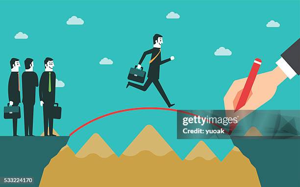 man crossing the cliffs with a pencil drawing the bridge - high jump stock illustrations