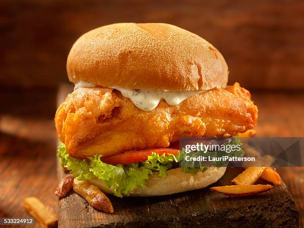 beer battered fish burger - deep fried stock pictures, royalty-free photos & images