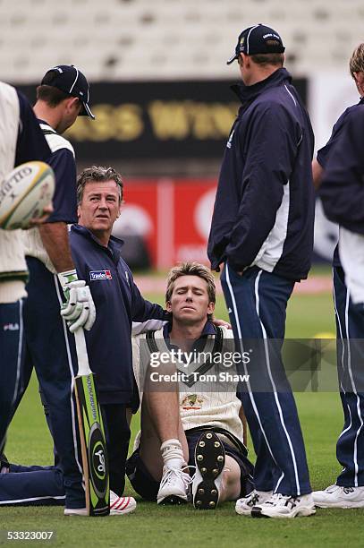 Glenn McGrath sits injured during warm up during the 2nd Npower Ashes Test Match between England and Australia at Edgbaston on August 4 2005 in...