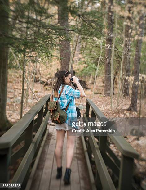 teenager girl explore nature in poconos, pennsylvania - poconos pennsylvania stock pictures, royalty-free photos & images