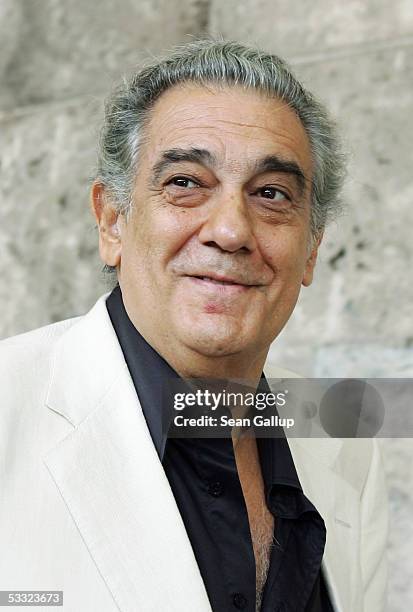 Italian opera singer Placido Domingo arrives for a news conference at the Waldbuehne open-air auditorium August 4, 2005 in Berlin, Germany. Domingo...