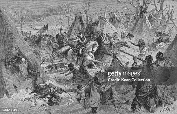 Engraving depicts the 7th U.S. Cavalry, under the command of General George Arnstrong Custer, as it attacks a camp of Cheyenne Native Americans under...