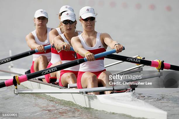 Laura Fisher, Virginia Kane, Kristin Kelly and Alexandra Shishkov of Canada in action in their Junior Womens Four repechage during the FISA World...