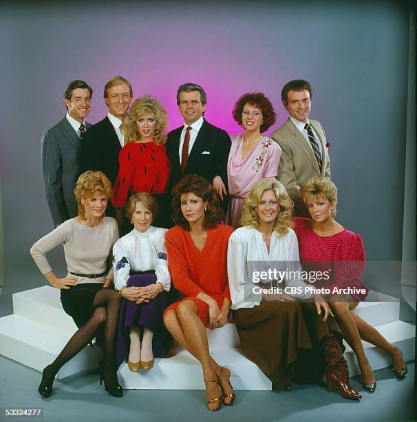 Portrait of the cast of the prime-time television soap opera 'Knots Landing,' 1984. Pictured are, back row from left, American actors Douglas...