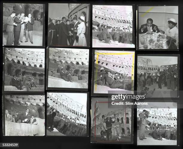 Slim Aarons contact sheet depicting American jazz trumpeter Louis Armstrong and his wife, Lucille Brown, at the Colosseum during a trip to Rome, 1949.