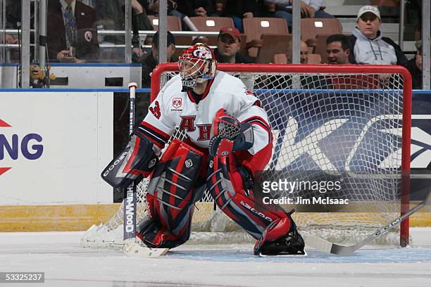 Goalkeeper Jason LaBarbera of the Canadian All Stars on the ice during the AHL All-Star Game at Verizon Wireless Arena, Manchester, New Hampshire,...