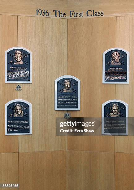 Plaques commemorate baseball legends at the induciton of 38 new members to the the National Baseball Hall of Fame and Museum on July 29, 2005 in...