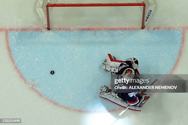 Goalie Keith Kinkaid lets the puck into his net during the semifinal game Canada vs USA at the 2016 IIHF Ice Hockey World Championship in Moscow on...