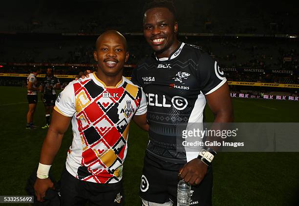 Ntando Kebe of the Southern Kings with Lubabalo Tera Mtembu of the Cell C Sharks during the round 13 Super Rugby match between Cell C Sharks and...