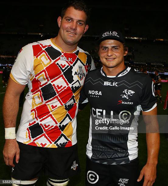 Steven Sykes of the Southern Kings with Patrick Lambie of the Cell C Sharks during the round 13 Super Rugby match between Cell C Sharks and Southern...