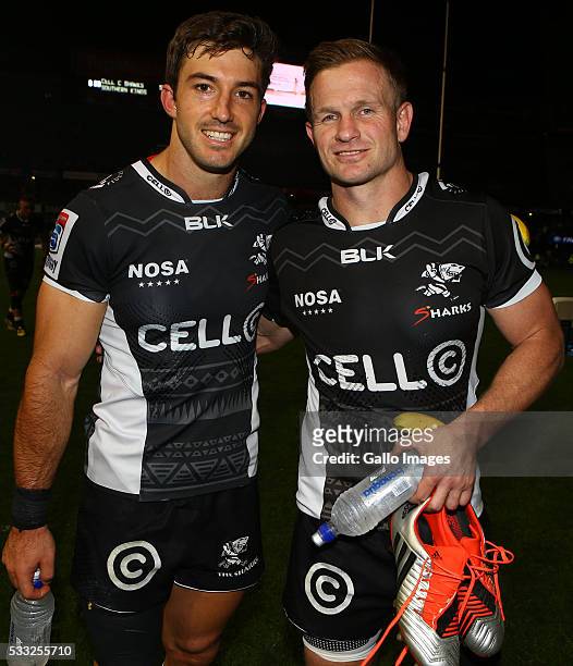 Paul Jordaan with Michael Claasens of the Cell C Sharks during the round 13 Super Rugby match between Cell C Sharks and Southern Kings at Growthpoint...