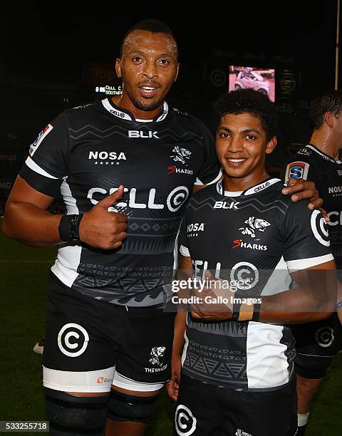 Lubabalo 'Giant' Mtyanda with Garth April of the Cell C Sharks during the round 13 Super Rugby match between Cell C Sharks and Southern Kings at...