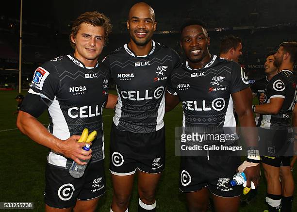 Patrick Lambie with JP Pietersen and Lwazi Mvovo of the Cell C Sharks during the round 13 Super Rugby match between Cell C Sharks and Southern Kings...