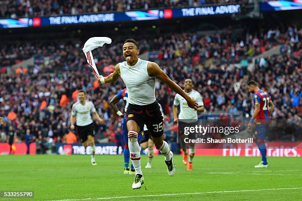 Jesse Lingard of Manchester United celebrates as he scores their second goal during The Emirates FA Cup Final match between Manchester United and...