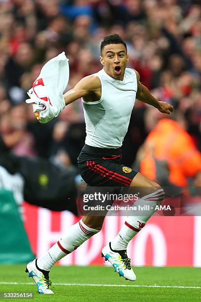 Jesse Lingard of Manchester United celebrates scoring a goal in extra-time to make the score 1-2 during The Emirates FA Cup final match between...