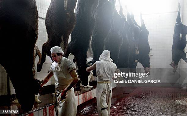 Workers process beef at the Yaguane Meat Processing Plant Cooperative 29 July, 2005 in the province of Buenos Aires, Argentina. AFP PHOTO DANIEL...
