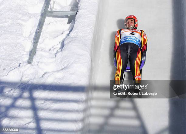 Georg Hackl of Germany practice for the Luge World Championships at the Utah Olympic Park on February 17, 2005 in Park City.