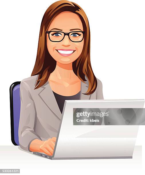 young woman with glasses using a laptop - elegant woman smile stock illustrations