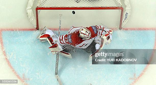 Canada's goalie Cam Talbot misses a goal during the semifinal game Canada vs USA at the 2016 IIHF Ice Hockey World Championship in Moscow on May 21,...