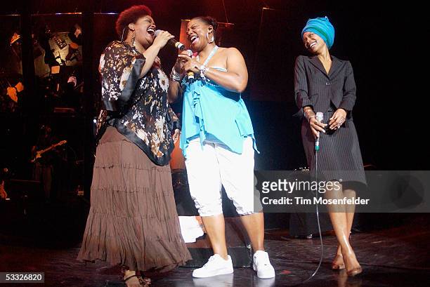 Jill Scott Queen Latifah and Erykah Badu perform as part of the Sugar Water Festival at the Chronicle Pavilion on August 4, 2005 in Concord...
