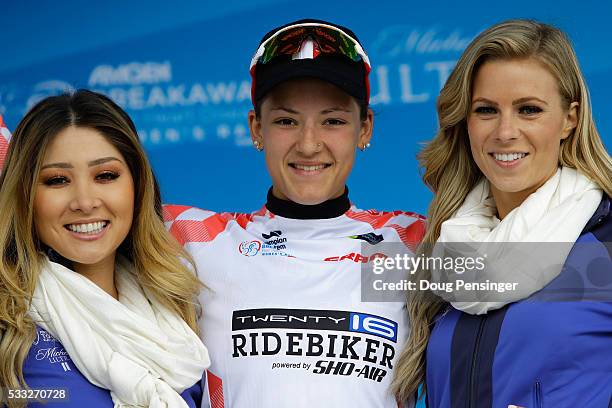 Chloe Dygert of the United States riding for Twenty16-Ridebiker takes the podium to receive the best young rider jerey after stage three of the 2016...