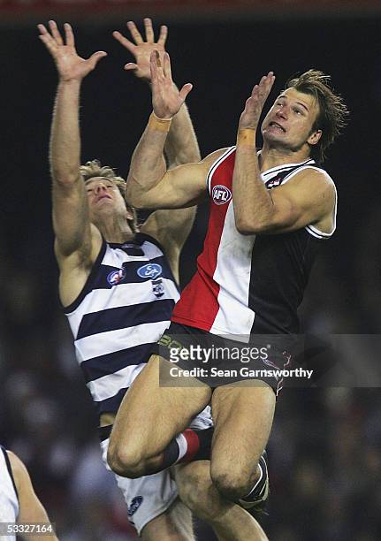 Aaron Hamill for St Kilda and Joel Corey for Geelong in action during the AFL round 19 match between the St Kilda Saints and Geelong Cats at the...