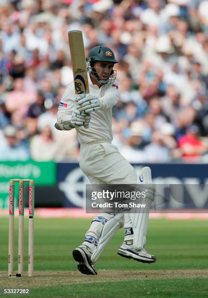 Justin Langer of Australia hits out during day two of the Second npower Ashes Test match between England and Australia at Edgbaston on August 5, 2005...
