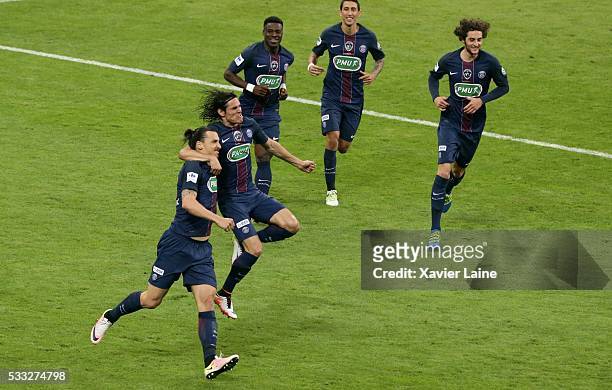 Zlatan Ibrahimovic of Paris Saint-Germain celebrate his goal with Edinson Cavani and teammates during the final French Cup between Paris...