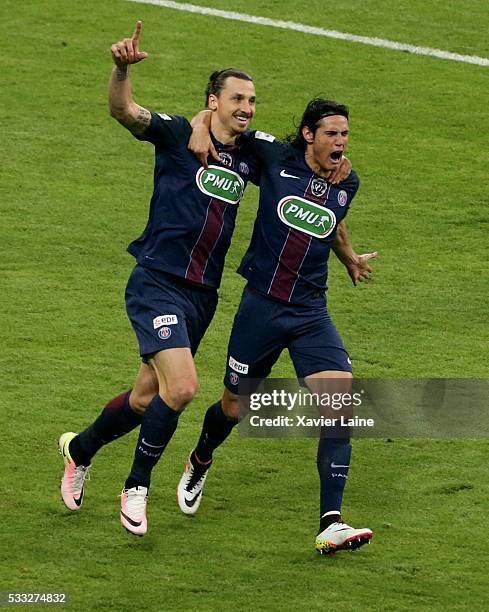 Zlatan Ibrahimovic of Paris Saint-Germain celebrate his goal with Edinson Cavani during the final French Cup between Paris Saint-Germain and...