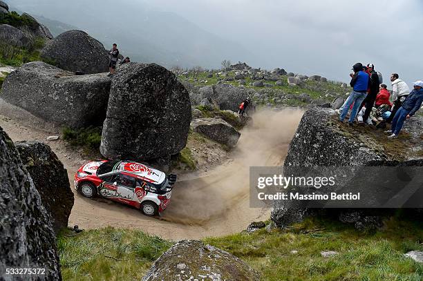 Kris Meeke of Great Britain and Paul Nagle of Ireland compete in their Abu Dhabi Total WRT Citroen DS3 WRC during Day Two of the WRC Portugal on May...