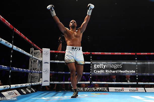 David Haye of England celebrates victory against Arnold Gjergjaj of Switzerland during their Heavyweight fight at The O2 Arena on May 21, 2016 in...