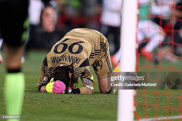 Gianluigi Donnarumma of AC Milan shows his dejection during the TIM Cup match between AC Milan and Juventus FC at Stadio Olimpico on May 21, 2016 in...