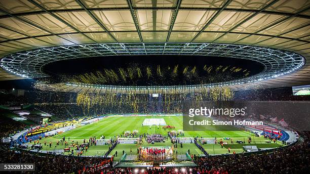 General view during the trophy ceremony during the DFB Cup Final match between Bayern Muenchen and Borussia Dortmund at Olympiastadion on May 21,...