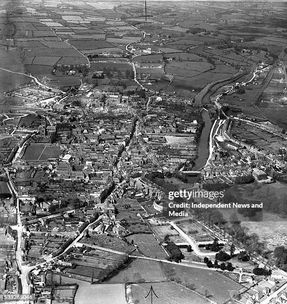 Kilkenny City, on the Nore, The impressive St Mary's Cathedral is seen on the left, and the ancient St Canice's Cathedral on the far edge of the...