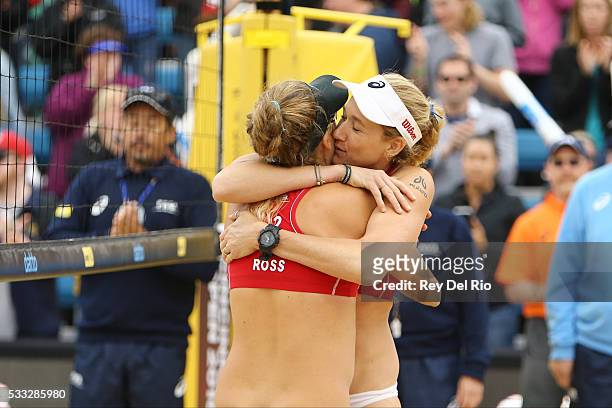 April Ross and Kerri Walsh Jennings of the USA celebrates after defeating Chen Xue and Xinyi Xia of China during their Gold medal match during day 5...