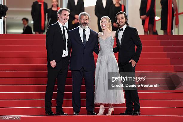 Jean-Francois Richet, Mel Gibson, Erin Moriarty and Diego Luna attend the "Blood Father" Premiere during the 69th annual Cannes Film Festival at the...