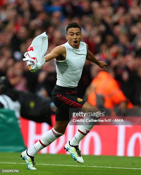 Jesse Lingard of Manchester United celebrates after scoring to make it 1-2 during The Emirates FA Cup final match between Manchester United and...