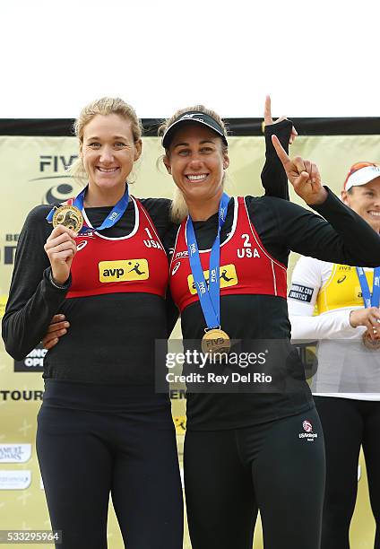 Gold medal winners Kerri Walsh Jennings and April Ross of the USA during day 5 of the 2016 AVP Cincinnati Open on May 21, 2016 at the Lindner Family...