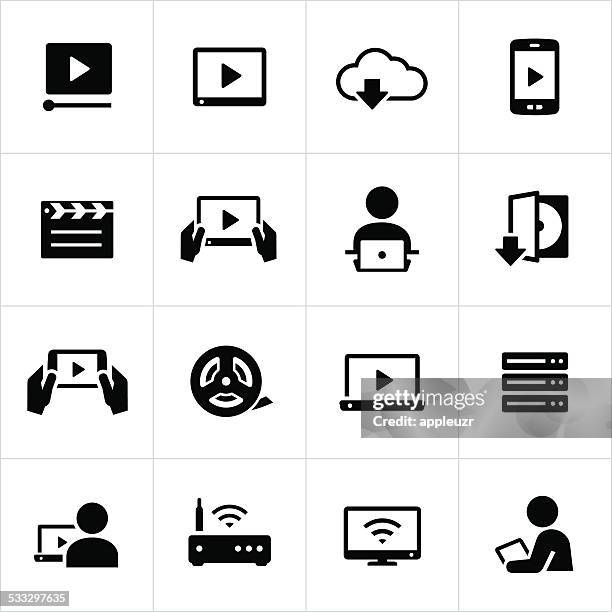 ilustraciones, imágenes clip art, dibujos animados e iconos de stock de iconos de transmisión de vídeo online - dvd