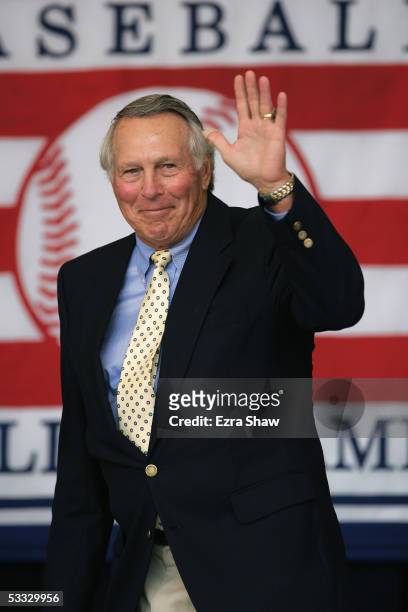Hall of Famer Brooks Robinson attends the Baseball Hall of Fame Induction ceremony on July 31, 2005 at the Clark Sports Complex in Cooperstown, New...