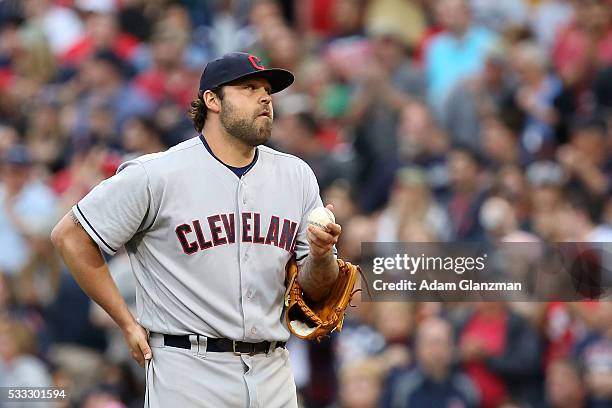 Joba Chamberlain of the Cleveland Indians reacts after walking in a run in the seventh inning during the game against the Cleveland Indians at Fenway...