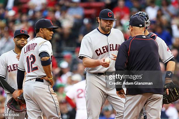 Joba Chamberlain of the Cleveland Indians is taken out of the game after giving up a grand slam to Mookie Betts of the Boston Red Sox in the seventh...