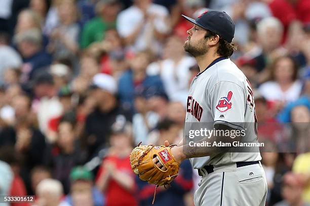 Joba Chamberlain of the Cleveland Indians reacts after walking in a run in the seventh inning during the game against the Cleveland Indians at Fenway...